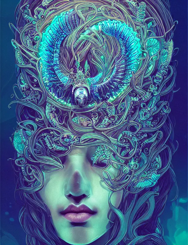 Image similar to symmetrical, centered, goddess close-up portrait wigh crown made of skulls. phoenix betta fish, phoenix, bioluminiscent creature, super intricate ornaments artwork by Tooth Wu and wlop and alena aenami and greg rutkowski