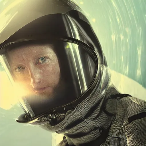 Prompt: futuristic thom yorke singer songwriter in a spacehelmet filling up with water, waterline refractions, video art, anamorphic lens flare, datamosh, beautiful blueish eyes, eyes reflecting into eyes reflecting into infinity, spherical black pupils, eyes reflecting into eyes reflecting into infinity, dramatic lighting