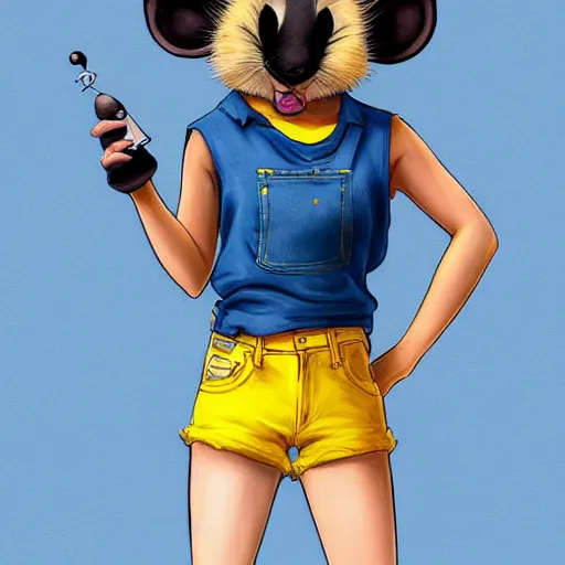 Prompt: anthropomorphic mouse wearing denim short shorts and yellow tank top, short blond fur, highly detailed, artgerm style, artstation, soft light, sharp focus, illustration, character design, concept art