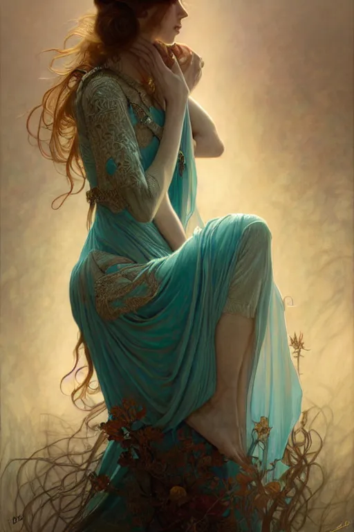 Image similar to pale teal, fantasy, intricate, elegant, dramatic lighting, emotionally evoking symbolic metaphor, highly detailed, lifelike, photorealistic, digital painting, artstation, concept art, smooth, sharp focus, illustration, art by John Collier and Albert Aublet and Krenz Cushart and Artem Demura and Alphonse Mucha