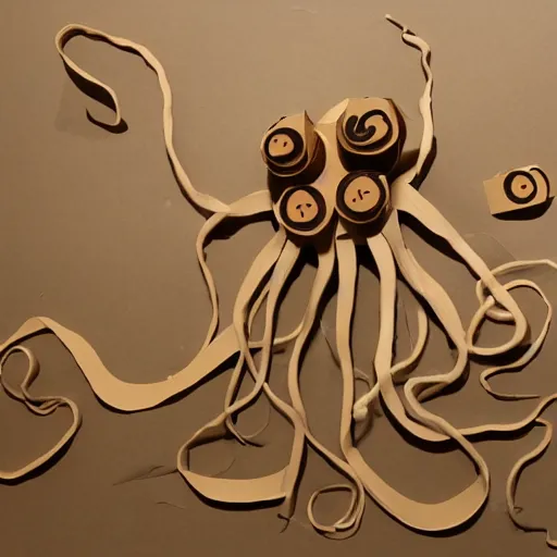 Prompt: many octopus tentacles made of cardboard, cut out of brown corrugated cardboard