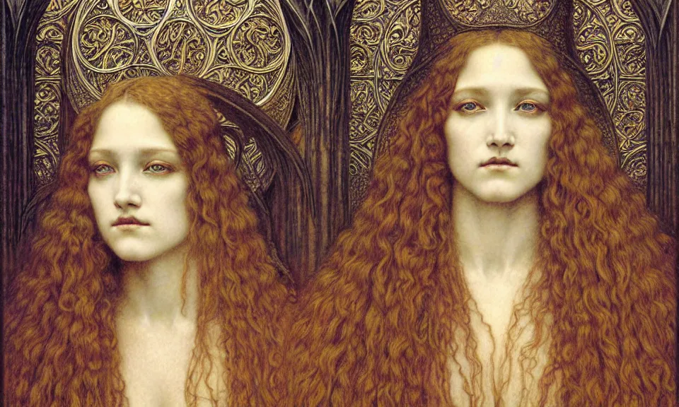 Image similar to detailed realistic beautiful young medieval queen face portrait by jean delville, gustave dore and marco mazzoni, art nouveau, symbolist, visionary, gothic, pre - raphaelite. horizontal symmetry