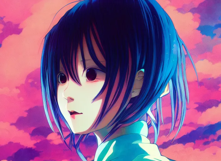 Image similar to yoh yoshinari editorial illustration colorful anime portrait of shiina ringo, murata range, blue submarine no 6, manga, fine texture, detailed, matte colors, perfect anime face, cinematic dramatic lighting, film grain, dynamic composition, moody, vivid, volumetric light, alphonse mucha, warm, fine stippled lighting, ilya kuvshinov