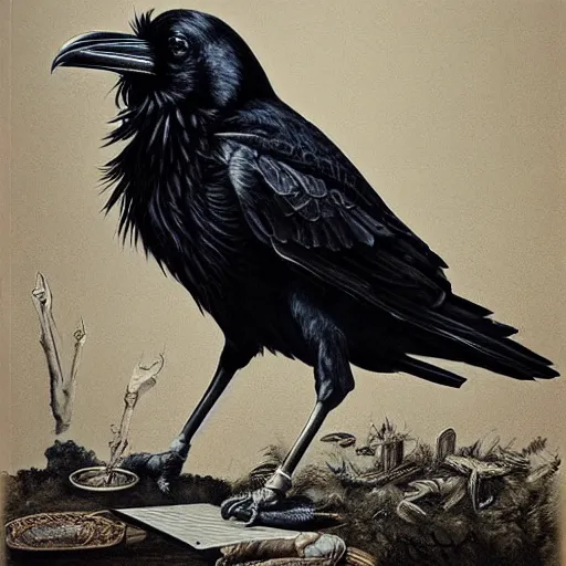 Prompt: a raven painting a self portrait by Laurie Lipton