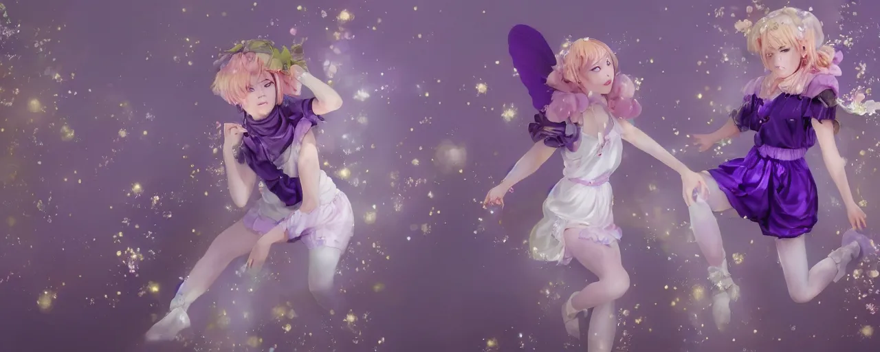 Image similar to Full View of a mysterious kpop fairy maidens with short blond hair wearing an oversized purple Beret, Baggy Purple overall shorts, Short Puffy pants made of silk, silk shoes, a big billowy scarf, Golden Ribbons, white leggings Covered in stars. Short Hair. peasant magic. masterpiece 4k digital illustration by Ruan Jia and Mandy Jurgens and Artgerm and william-adolphe bouguereau, award winning, Artstation, art nouveau aesthetic, Alphonse Mucha background, intricate details, realistic, panoramic view, Hyperdetailed, 8k resolution, intricate art nouveau, smooth, sharp focus