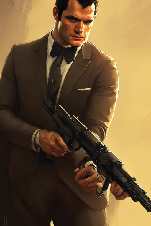 Prompt: portrait of henry cavill as james bond, casion, rifle, highly detailed, digital painting, artstation, concept art, cinematic lighting, sharp focus, illustration, art by artgerm and greg rutkowski and alphonse mucha