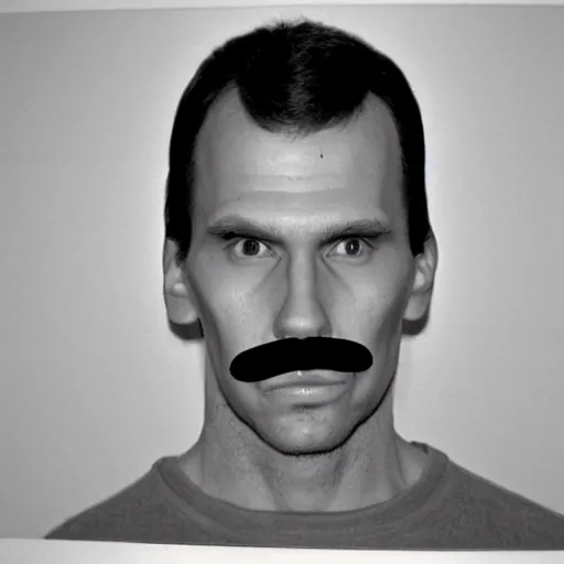 Prompt: A mugshot portrait of a man who looks like Jerma985 with short length wavy hair and a slightly receded hairline and bangs, has a chevron mustache and wearing mid 1980s menswear in the late 1980s, taken in the late 1980s, grainy, realistic, hyperrealistic, very realistic, highly detailed, very detailed, extremely detailed, detailed, trending on artstation, front facing, front view, headshot and bodyshot, detailed face, very detailed face