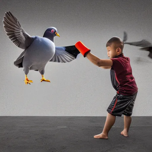 Image similar to a pigeon vs a kid kung fu style in a dojo for a piece of bread, facing each other, stand off, muscled pigeon like the rock, best photo award, high quality 8 k, cinematic lighting, cinematic composition, high detail, landscape photo