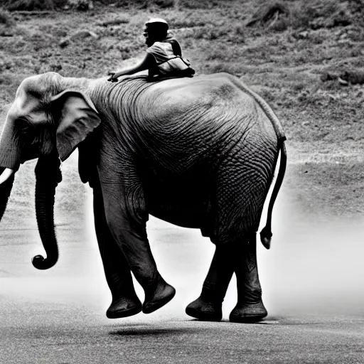 Prompt: picture of elephant riding a motorcycle, white and black, national geographic, award winning