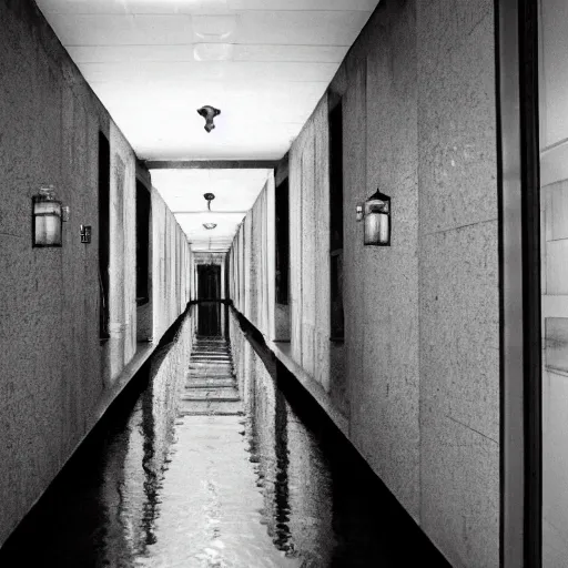 Image similar to an endless hallway with shallow water at the bottem of it, liminal