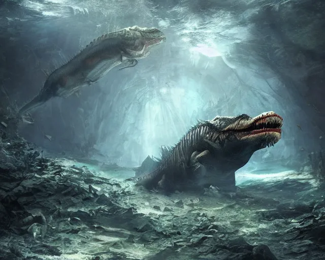 a creepy underwater image of a t - rex lurking in the | Stable ...