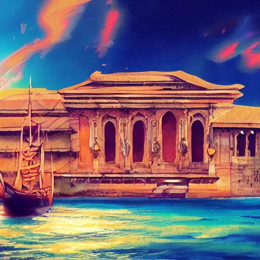 Image similar to ancient palace viewed from the sea, epic retrowave art, trending on art station