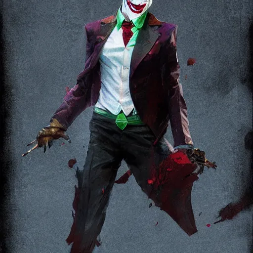 Prompt: joker, full body, dynamic pose, painted by greg rutkowski