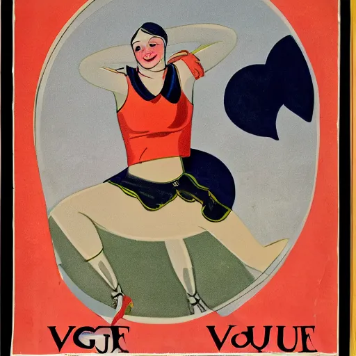 Prompt: a 1 9 2 8 cover of vogue. happy, healthy, beautiful, smiling, young, sporty, glowing danish woman in decent athletic wear. realistic detailed color drawing