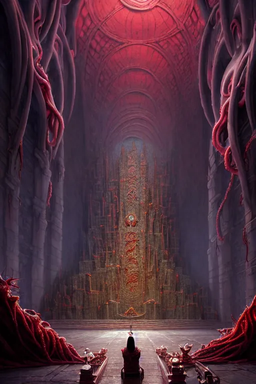 Image similar to a highly detailed matte painting of abominations kneeling inside an expansive throne room with an enormous throne made of writhing flesh and entrails by studio ghibli, makoto shinkai, by artgerm, by wlop, by greg rutkowski, red tones, volumetric lighting, octane render, 4 k resolution, trending on artstation, masterpiece