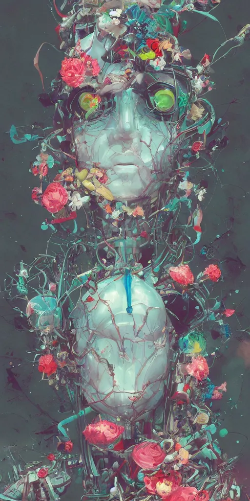 Image similar to surreal gouache painting, by yoshitaka amano, by ruan jia, by conrad roset, by kilian eng, by good smile company, detailed anime 3 d render of a mechanical android head with flowers growing out, portrait, cgsociety, artstation, modular patterned mechanical costume and headpiece, retrowave atmosphere