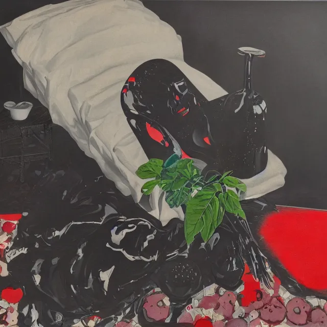 Image similar to empty room with black walls, sensual portrait of a woman sleeping, japanese vase, old flowers, puddle of water, octopus, squashed berries, neo - expressionism, surrealism, acrylic and spray paint and oilstick on canvas