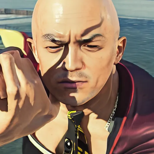 Image similar to a portrait of saitama as a gta 5 character ingame shot from gta 5, ray tracing x, wet reflections, unreal engine 5, intricate details, fantasy, hyper realism, humongous view, smooth, cinematic