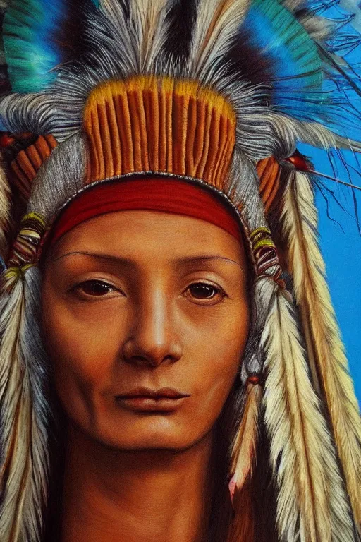 Image similar to hyperrealism close-up portrait lama in War bonnet in style of da Vinci