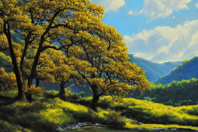 Image similar to masterpiece painting of oak trees on a hillside overlooking a creek, dramatic lighting, by hiro osono