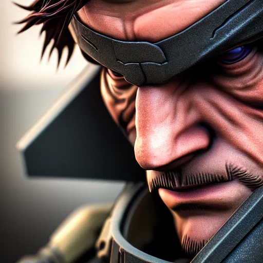 Image similar to photograph portrait of Solid Snake, intricate detail, sigma 85mm f/1.4, 4k, depth of field, high resolution, realistic, photorealistic, 4k, 8k, hd, full color