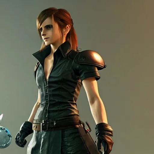 Prompt: emma watson in final fantasy vii remake, hair in a ponytail, character render, full body shot, highly detailed, in game render