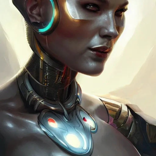 Image similar to cyborg queen, fantasy, portrait, highly detailed, digital painting, trending on artstation, concept art, sharp focus, illustration, art by artgerm and greg rutkowski and magali villeneuv