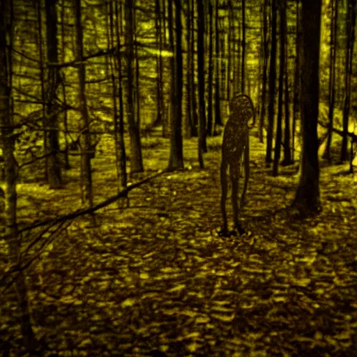 Image similar to grainy trail cam photo still of an alien in the woods at night hiding in the trees of a forest