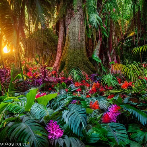 Image similar to an enchanted forest full of beautiful tropical flowers, with a sunset, by alex horley, bokeh photography, amaranth colour