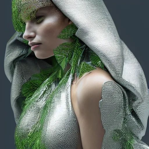 Image similar to a highly detailed digital image of a silver covered elegantly posed futuristic woman beautifully cocooned in green leafy foliage like leaves shot, full body shot, by Andrew Chiampo, artstation, and Frederik Heyman, extremely detailed woman, stunning volumetric lighting, hyper realism, fantasy 4k