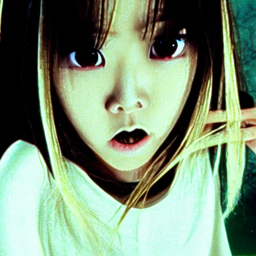 Prompt: a japanese horror movie from the 90's featuring a scary female ghost