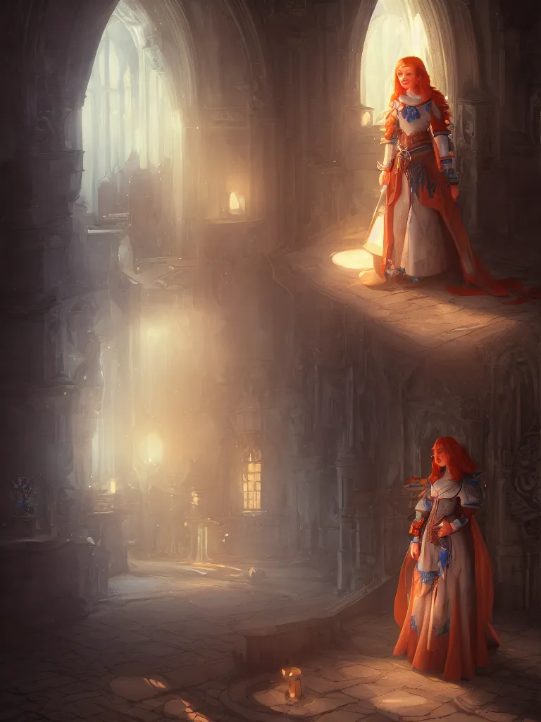 Prompt: daily life portrait of a ginger maiden inside a castle, god ray, gloomy, strong subsurface scattering, cobalt blue, symmetrical, highly detailed, digital painting, artstation, art by artgerm and greg rutkowski, concept art, smooth, sharp focus, illustration, cinematic lighting, 8 k resolution