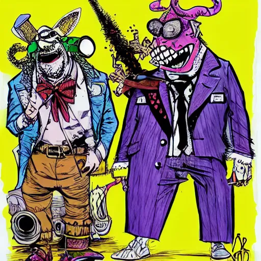 Image similar to Bebop and Rocksteady as Raoul Duke and Doctor Gonzo from Fear and Loathing in Las Vegas. Drawn by Ralph Steadman