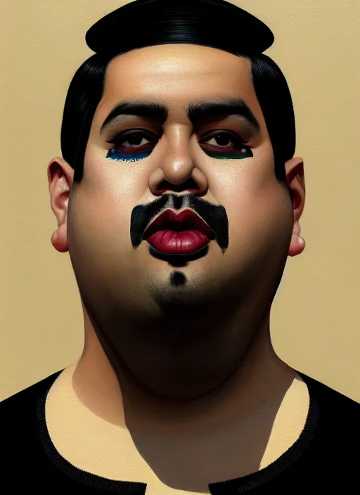 Image similar to portrait of a plump latino man with a crooked nose and a confident expression, 1 9 6 0 s, black clothes, goth, punk, brightly coloured hair, funk, intricate, elegant, highly detailed, digital painting, artstation, concept art, smooth, sharp focus, illustration, art by wlop, mars ravelo and greg rutkowski