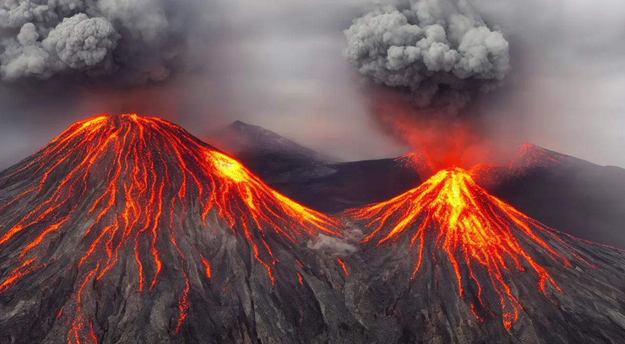 Image similar to majestic volcano eruption landscape, high definition, high detail, 8k, photorealistic,