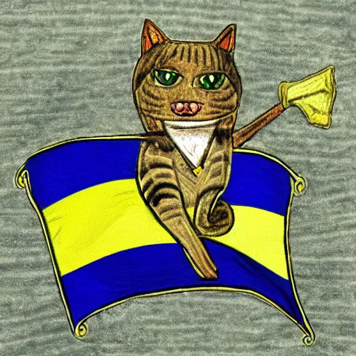 Image similar to cat with ukrainian flag riding frog medieval style