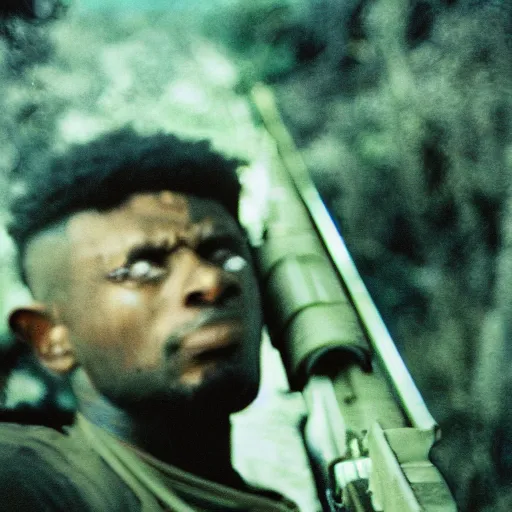 Prompt: film still, extreme far view, 2 1 savage, jungle, vietnam door gunner, apocalypse now, associated press,, 2 6 mm, kodak ektachrome, blue tint expired film