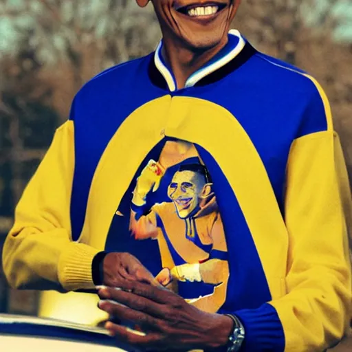 Image similar to realistic photo of casual barack obama wearing a royal blue varsity jacket with yellow sleeves