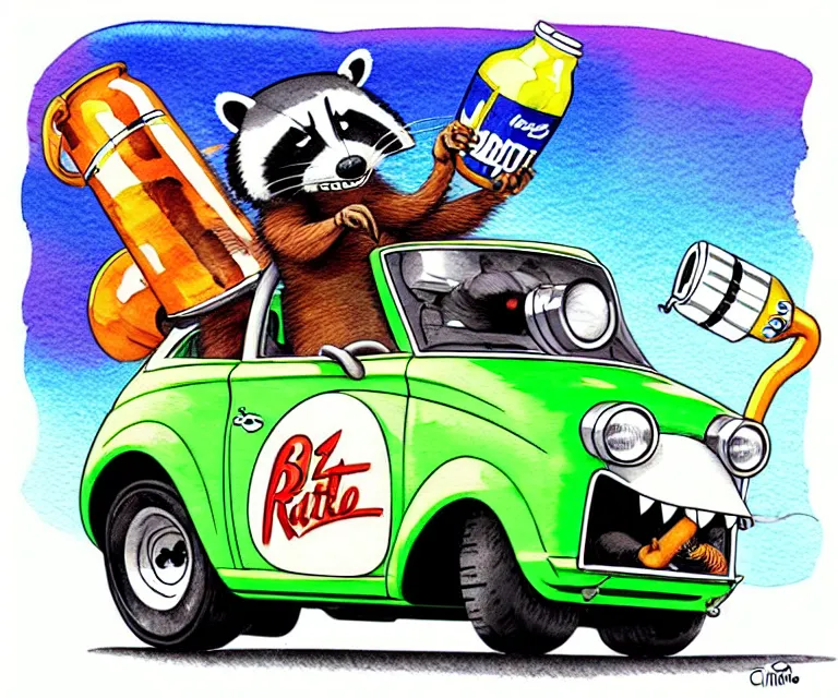 Prompt: cute and funny, racoon drinking beer wearing a helmet riding in a tiny hot rod coupe with oversized engine, ratfink style by ed roth, centered award winning watercolor pen illustration, isometric illustration by chihiro iwasaki, edited by range murata