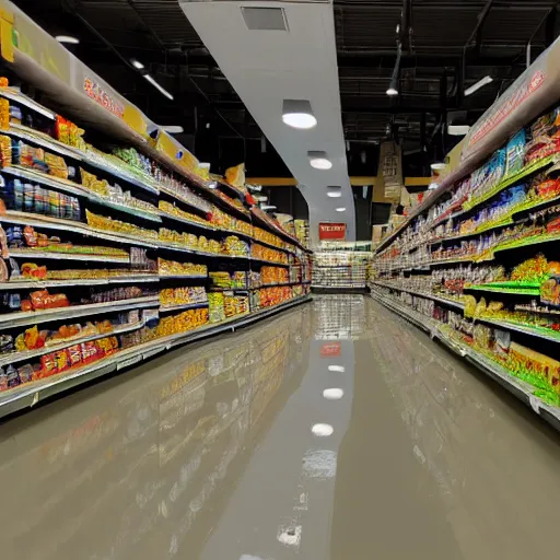 Image similar to photo of a grocery store interior, the aisles is flooded with two meters deep water. eerie, volumetric lighting.