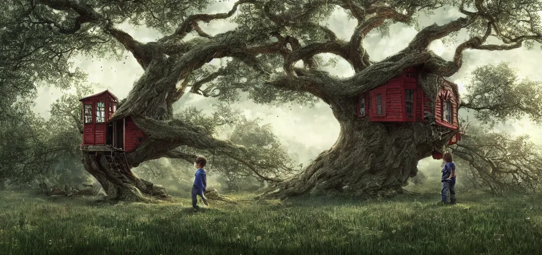 Image similar to Kid with red radioflyer standing in front of beautiful tree house in an old oak tree on a beautiful meadow with flowers, dramatic lighting, cinematic, establishing shot, extremly high detail, photo realistic, cinematic lighting, post processed, concept art, artstation, matte painting, style by eddie mendoza, raphael lacoste, alex ross