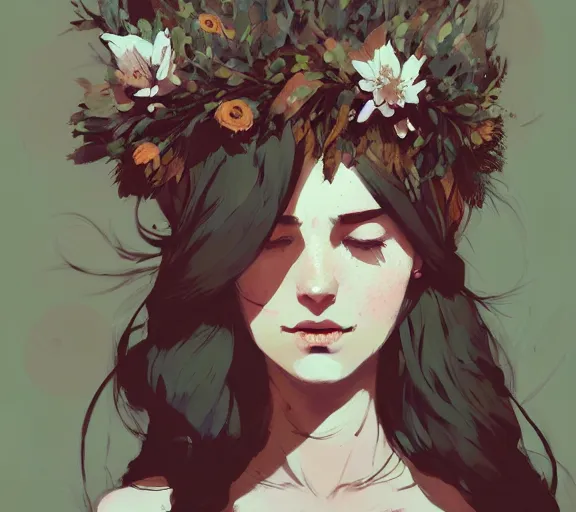 Image similar to portrait of forest godess with flower crown, by atey ghailan, by greg rutkowski, by greg tocchini, by james gilleard, by joe fenton, by kaethe butcher, by ashley wood, dynamic lighting, gradient light blue, brown, blonde cream and white color scheme, grunge aesthetic