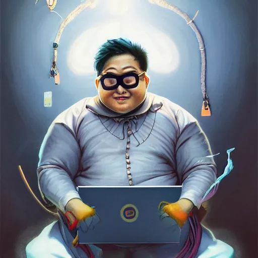 Image similar to an insanely detailed painting of a chubby nerdy asian man wearing a homemade superhero costume and mask, sitting at a computer desk typing on the keyboard, in the style of peter mohrbacher, dramatic lighting and composition, trending on artstation, concept art, comic book, graphic novel, back view