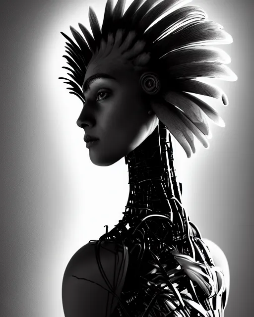 Prompt: surreal mythical dreamy dark artistic black and white fine art 3 / 4 portrait photo of a young delicate female robot - mutant - vegetal - cyborg with long pale feathers, rim light, cinematic, studio dramatic light, poetic, octane render, 8 k, photo - realistic