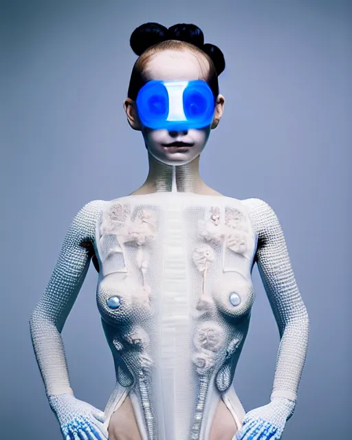 Image similar to portrait of a woman wearing a white embroidered translucent silicone mask and white blue frizzy hair buns, wearing a black bodysuit by alexander mcqueen, cream white background, soft diffused light, biotechnology, humanoide robot, bjork aesthetic, translucent, by rineke dijkstra, intricate details, highly detailed, masterpiece,