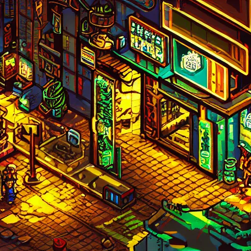 Image similar to fantastic lighting, pixel art, high detail , 16 bits, cyberpunk market, 2d