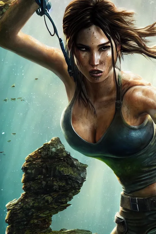 Prompt: lara croft underwater, bulging v neck with big chest, subway surrounded by fish, highly detailed, wide shot, intricate, fearful, mystical, sharp focus, Trending on Artstation HQ, deviantart, unreal engine 5, 4K UHD image