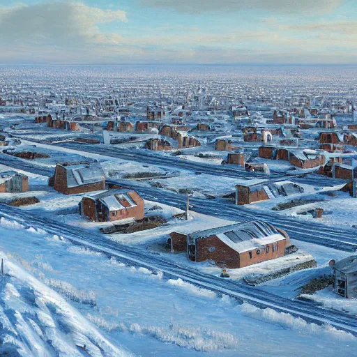 Image similar to an extremely detailed painting by cedric peyravernay of a large array of houses in a contested territory between the soviet union and america, snowy landscape, authoritarian vibes, extremely detailed, 4 k