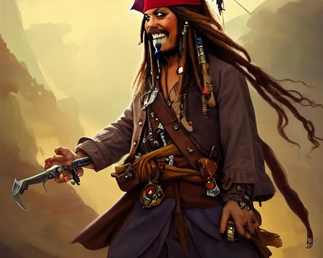 Prompt: captain jack sparrow with a big smile, photography of kurzgesagt, deep focus, d & d, fantasy, intricate, elegant, highly detailed, digital painting, artstation, concept art, matte, sharp focus, illustration, hearthstone, art by artgerm and greg rutkowski and alphonse mucha