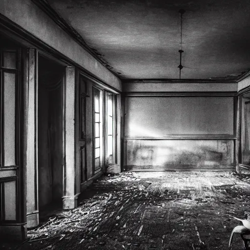 Image similar to a grainy photo of a shadowy figure in a birdcage in an old abandoned hall, black and white, motion blur, long exposure